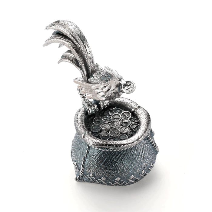 Silver statuette "Rooster on a bag of money"